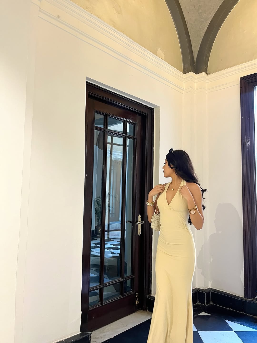 Customer photo 1 of Deep V Neck Halter Backless Maxi Dress in Vanilla