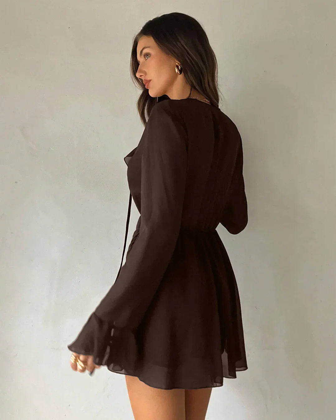 Deep V Ruffle Bell Sleeve Mini Dress Coffee - Littlebox India