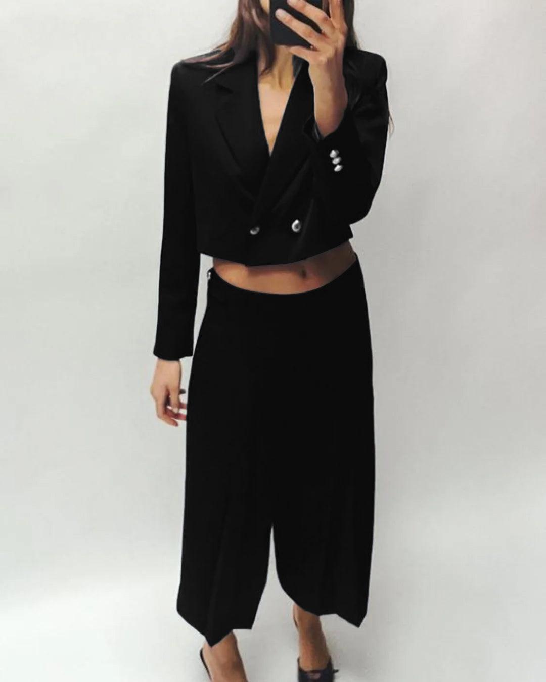Double-Breasted Front Buttoned Blazer Pleated Elegant Style Culottes In Black