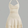 Apricot ruched halter neck mini dress for women with draped collar and double-layer ruffle hem