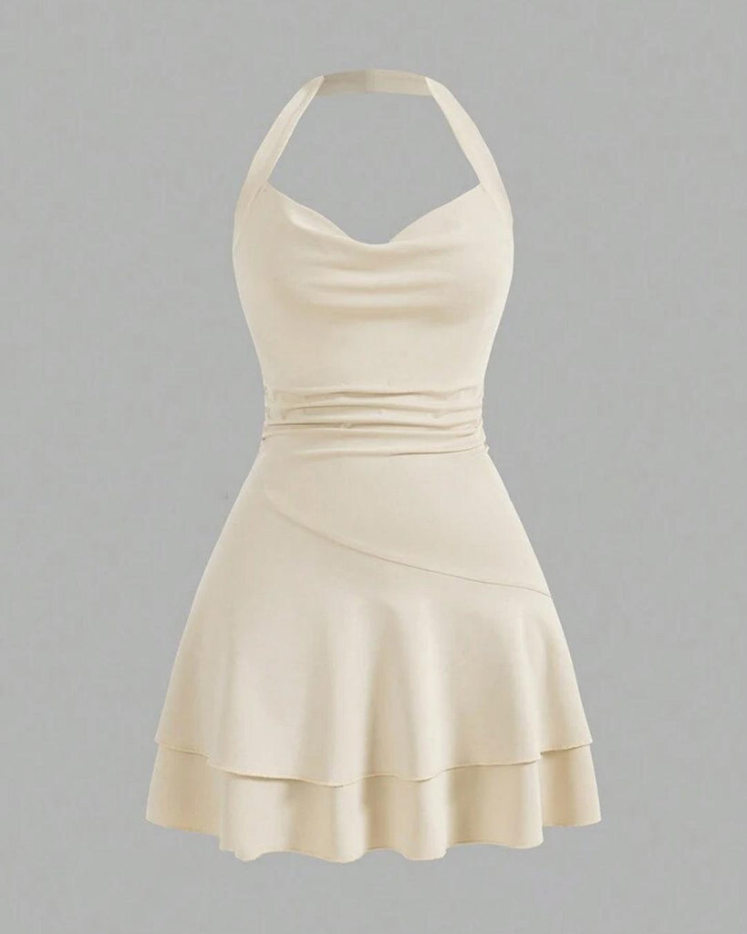 Ruffle Halter Neck Ruched Dress In Apricot