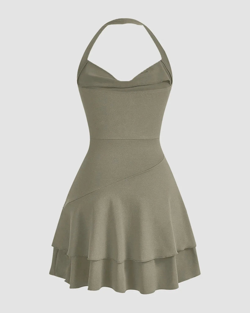 Back view of a sophisticated olive green halter dress featuring a draped collar, double-layer ruffle detailing, and elegant ruching for a sculpted, flowing silhouette