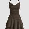 Draped Collar Ruffle Halter Neck Backless Dress Casual in Brown Front View for Women | Littlebox India