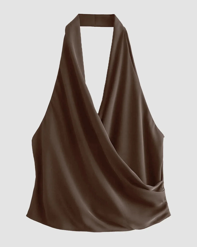  Brown draped cowl halter neck top in Xpresso, featuring a stylish and elegant neckline design.