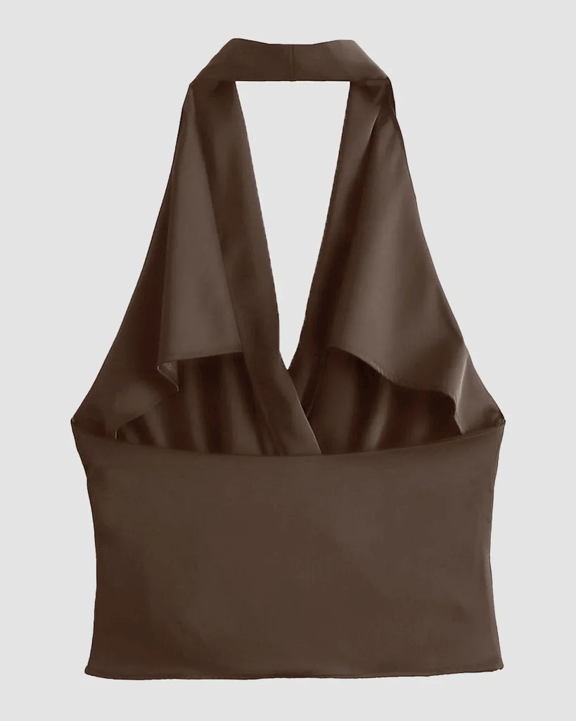 Back view of a Brown draped cowl halter neck top in Xpresso, featuring a stylish and elegant neckline design.