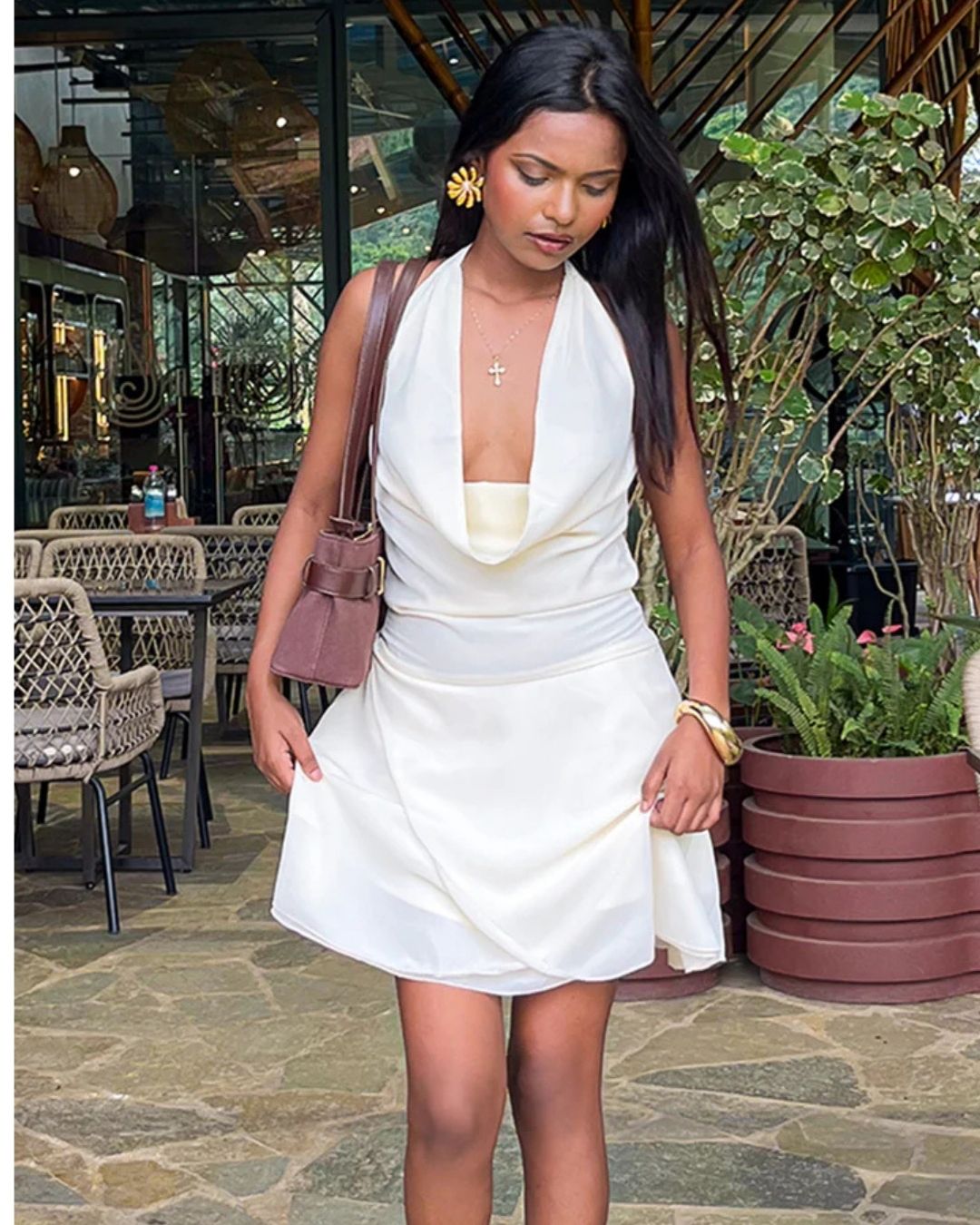 Draped Cowl Neck Backless Mini Dress in Beige- Littlebox India