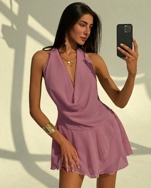 Draped Cowl Neck Backless Mini Dress in Dusty Pink Front View for Women | Littlebox India