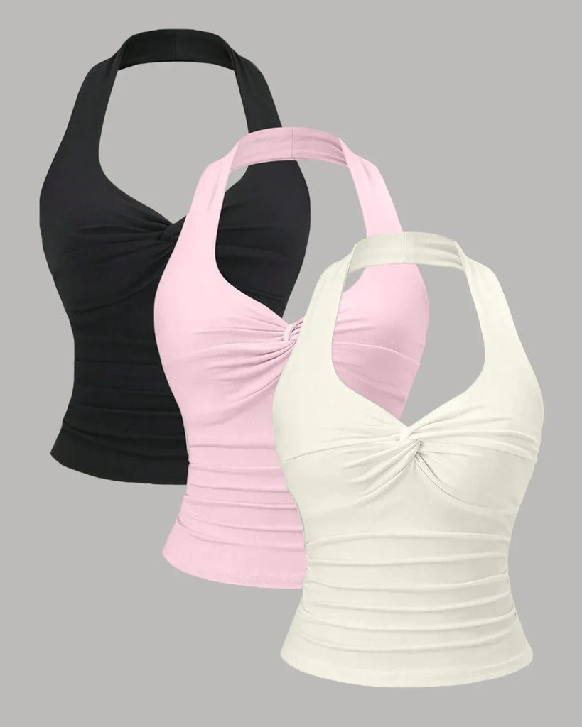women's tops in various colors, including a draped cowl neck sleeveless top in baby pink