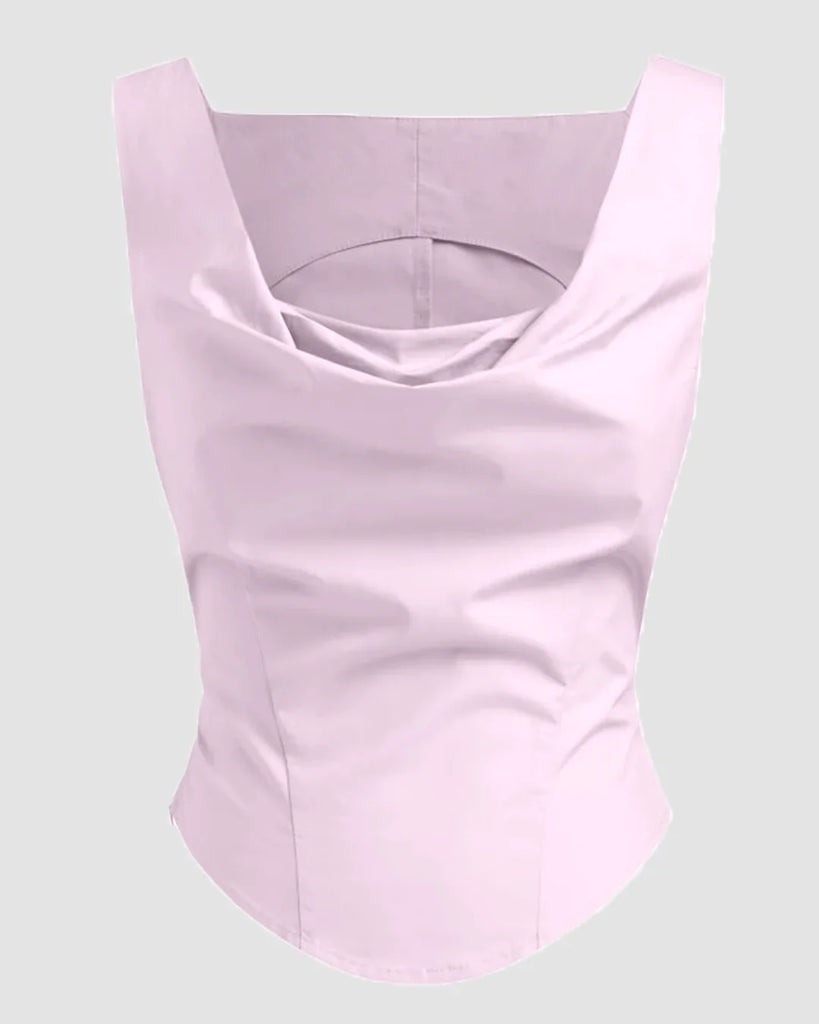 Baby pink sleeveless top featuring a stylish draped cowl neck design.
