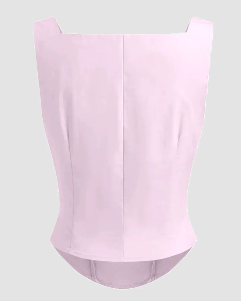 Back view Baby pink sleeveless top featuring a stylish draped cowl neck design.