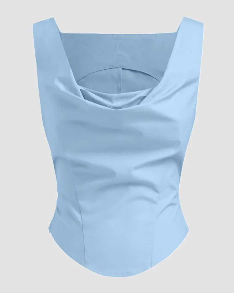 Light blue sleeveless top with a draped cowl neck, designed for a stylish and comfortable look.