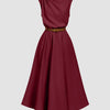 Draped Neck Belted A-Line Sleeveless Midi Dress in Burgundy Front View for Women | Littlebox India