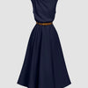 Draped Neck Belted A-Line Sleeveless Midi Dress in Navy Blue Front View for Women | Littlebox India