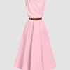 Draped Neck Belted A-Line Sleeveless Midi Dress in Rose Pink Without Belt Front View for Women | Littlebox India