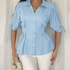 Drawstring Puff Sleeve Button Down Peplum Top in Light Blue Front View for Women | Littlebox India