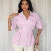 Drawstring Puff Sleeve Button Down Peplum Top in Pink Front View for Women | Littlebox India