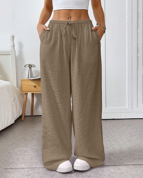 Drawstring Waist Loose Pocket Pants in Brown Front View For Women | Littlebox India