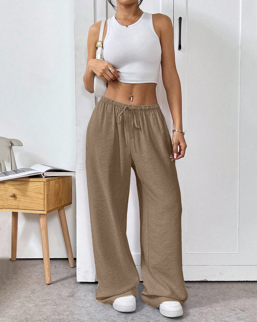 Drawstring Waist Loose Pocket Pants in Brown- Littlebox India