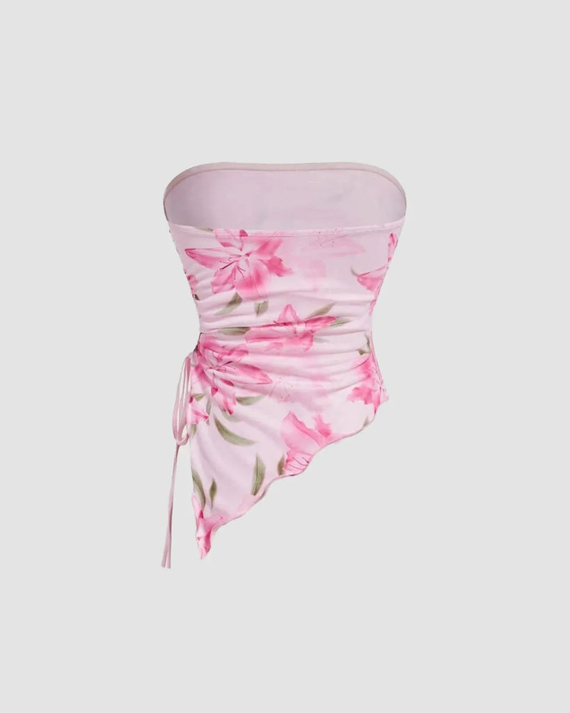 back of Dusty pink floral asymmetrical dress with a ruched tube top design, perfect for a stylish summer look