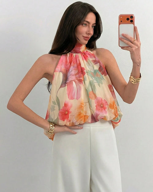 Elegant Multi Floral Halter Top with Bow Back Detail Front View for Women | Littlebox India