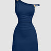 Fitted Pleated Metal Buckle Mini Dress in Blue Front View for Women | Littlebox India