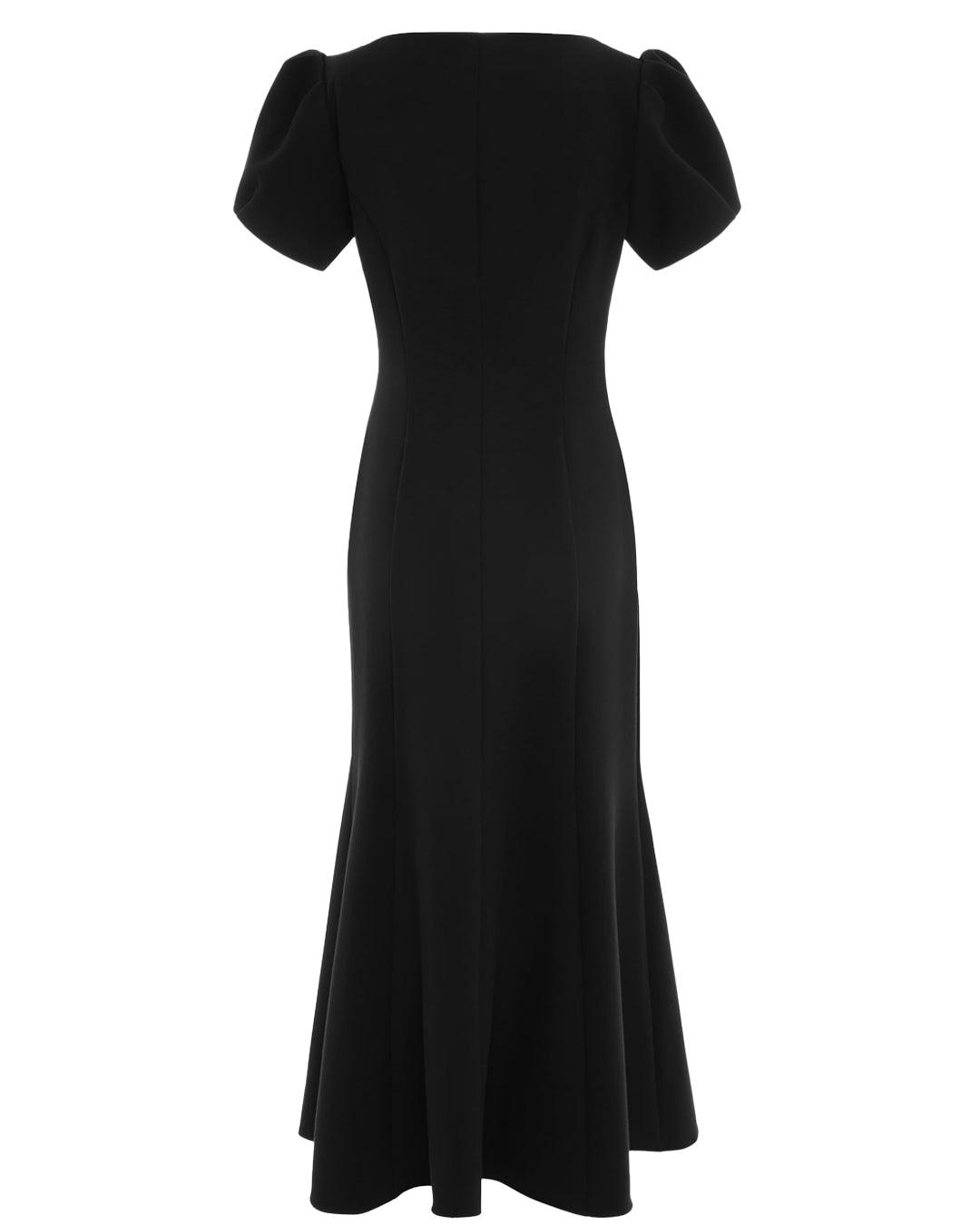 Fitted Puff Sleeves Black Midi Dress