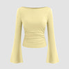 Flared Sleeve Boat Neck Solid Long Sleeve Top in Yellow Front View For Women | Littlebox India