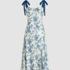 stylish floral knotted split midi dress in blue and white