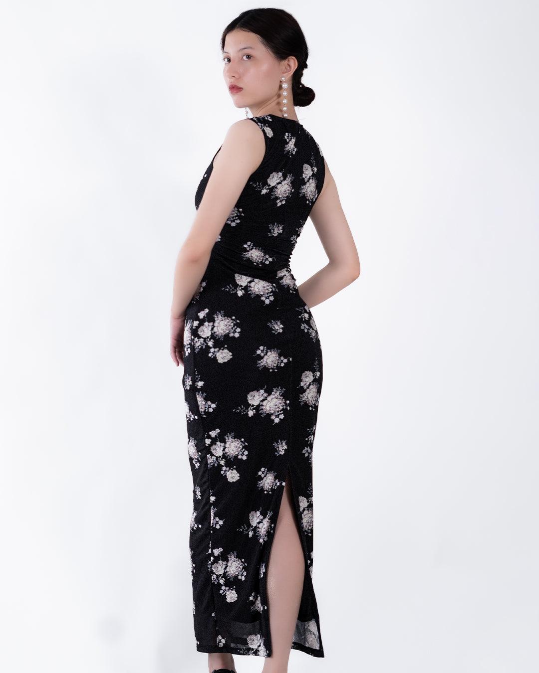 Floral Print Mesh Ruched Black Bodycon Dress