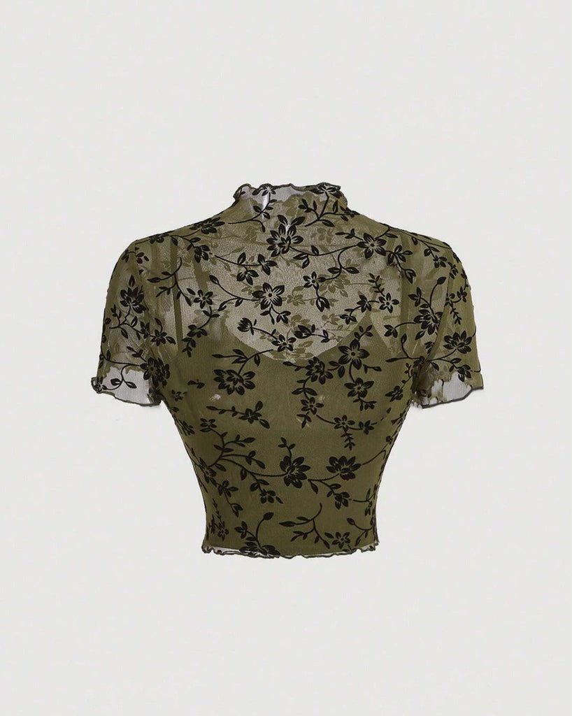 Back view of sheer mesh top with a floral print, mock neckline, and delicate lettuce trim, offering a lightweight and airy feel with a touch of elegance.