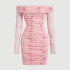 Pink off-the-shoulder mini bodycon dress with long sheer sleeves and a delicate floral print