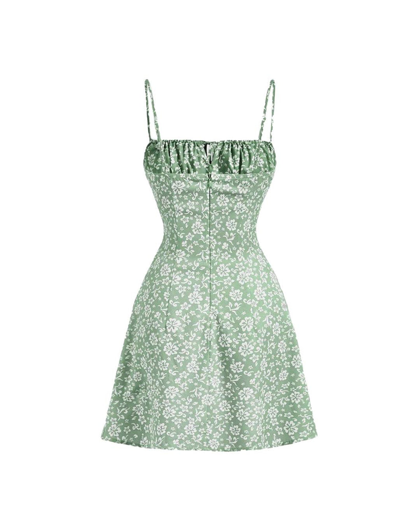 Floral Ruched Bust Front Bow Green Cami Dress - Littlebox India Floral Ruched Bust Front Bow Green Cami Dress - Littlebox India