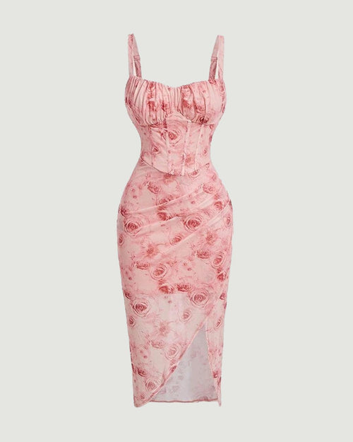 pink spaghetti strap floral midi bodycon dress featuring a floral print and an asymmetrical empire waist design