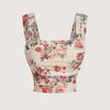 Front view of Floral ruched crop top with wide straps, fitted bodice and soft stretch fabric finish