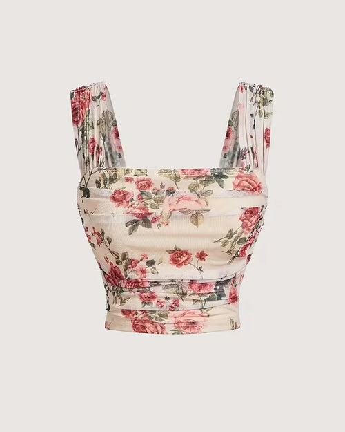Front view of Floral ruched crop top with wide straps, fitted bodice and soft stretch fabric finish