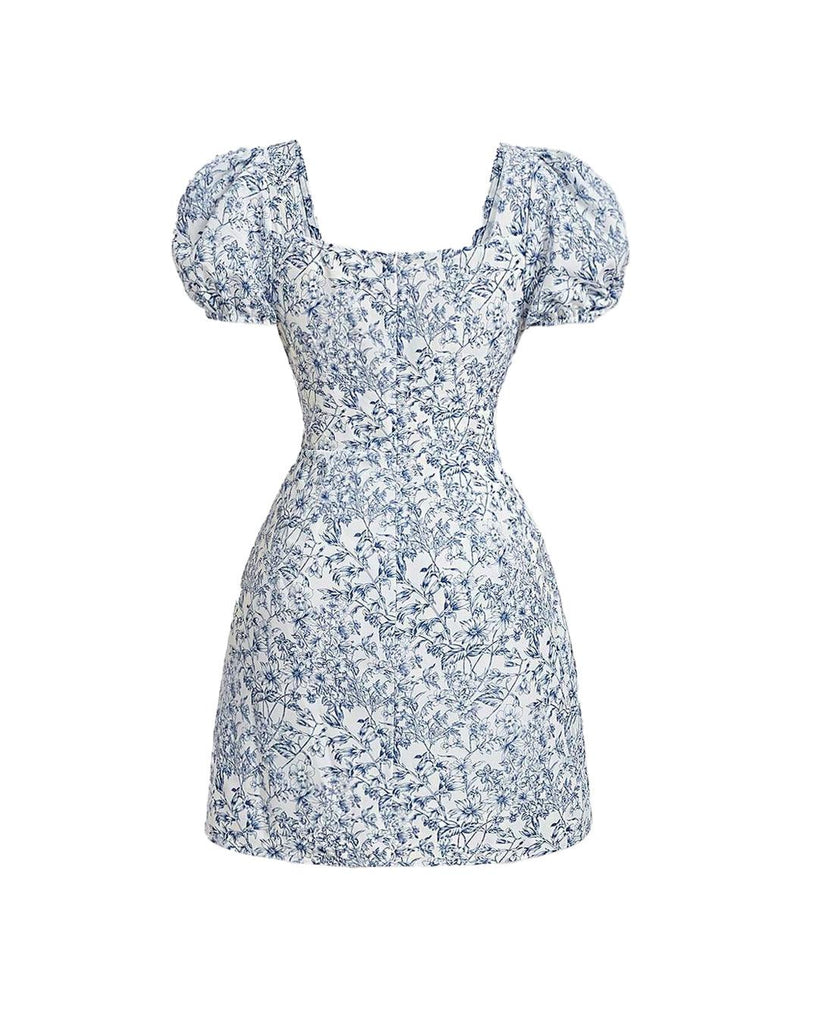 blue and white floral print dress featuring a tie front and puff sleeves, showcasing a stylish and feminine design back view