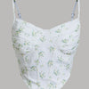 White floral print corset top with spaghetti straps displayed against a neutral background.