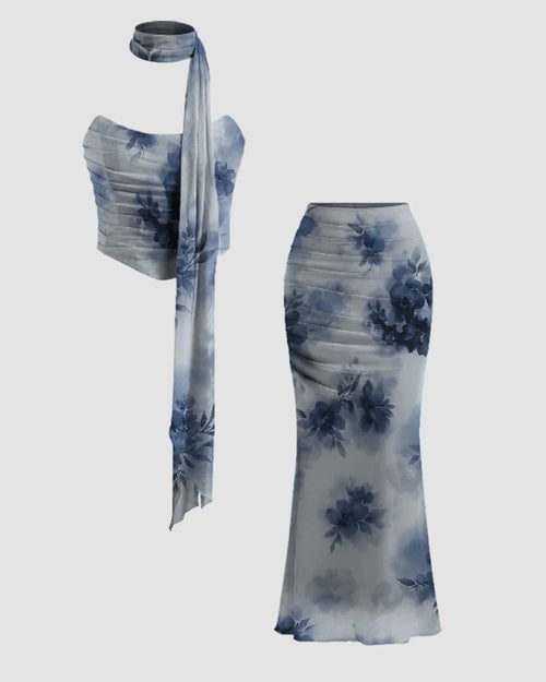 Floral Strapless Crop Top & Ruched Bodycon Maxi Skirt Co-ords Set with Scarf Front View For Women | Littlebox India