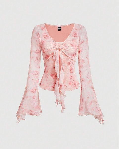 Floral Tie Up Full Sleeve Fitted Crop Top in Pink Front View for Women | Littlebox India