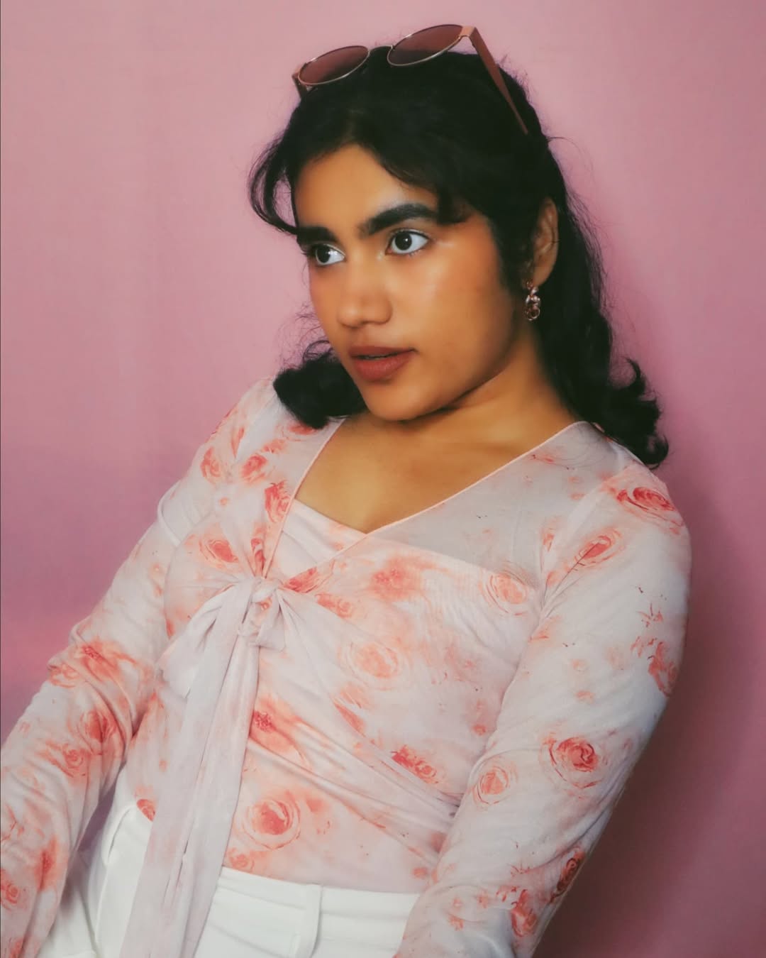 Customer photo 1 of Floral Tie Up Full Sleeve Fitted Crop Top in Pink