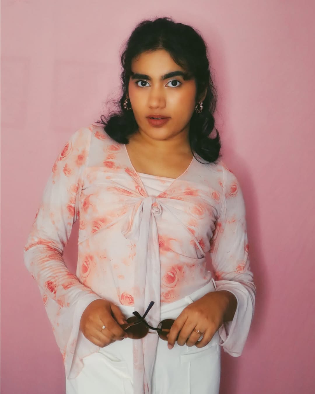 Customer photo 2 of Floral Tie Up Full Sleeve Fitted Crop Top in Pink