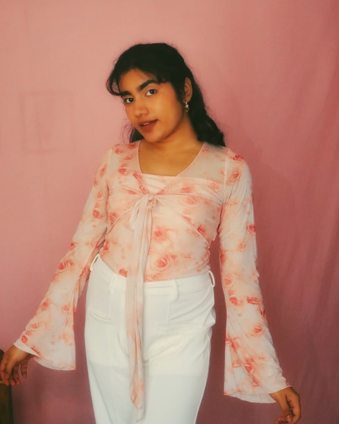 Customer photo 3 of Floral Tie Up Full Sleeve Fitted Crop Top in Pink