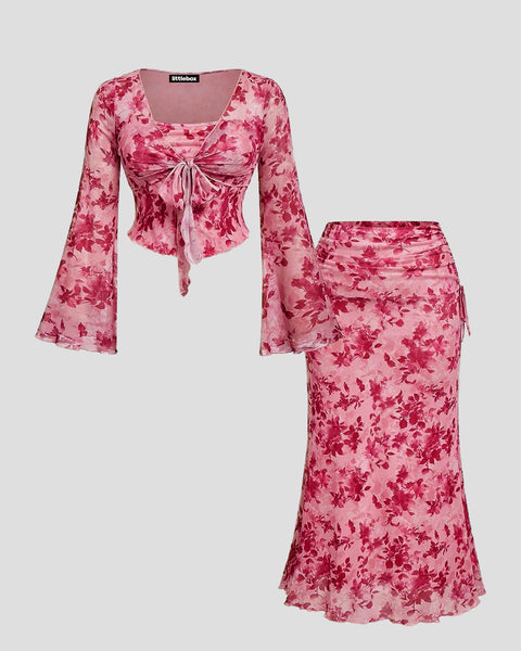 Floral Twist Front Flare Sleeve Top And Mermaid Tail Skirt Set Curve & Plus Front View for Women | Littlebox India
