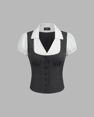Formal Collared Neck Button Front Short Sleeve Blouse in Grey and White Front View For Women | Littlebox India