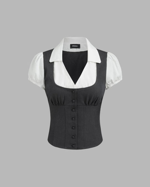 Formal Collared Neck Button Front Short Sleeve Blouse in Grey and White Front View For Women | Littlebox India