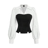 Front view of fitted black and white striped shirt with long sleeves, showcasing a corset design