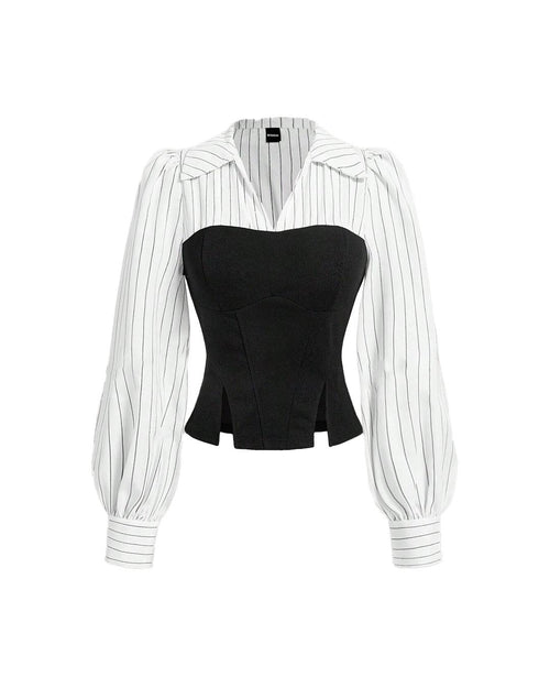Front view of fitted black and white striped shirt with long sleeves, showcasing a corset design