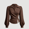 brown top for women, designed with a V-neck wrap front and puff lantern long sleeves