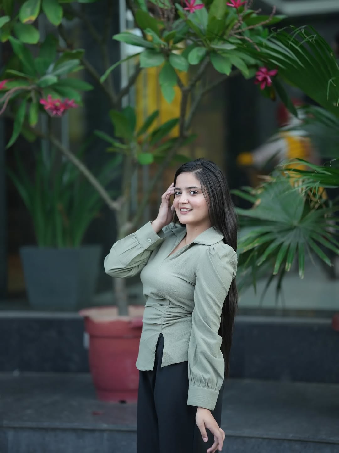 Customer photo 1 of Formal V Neck Collared Wrap Style Full Sleeve Shirt in Green