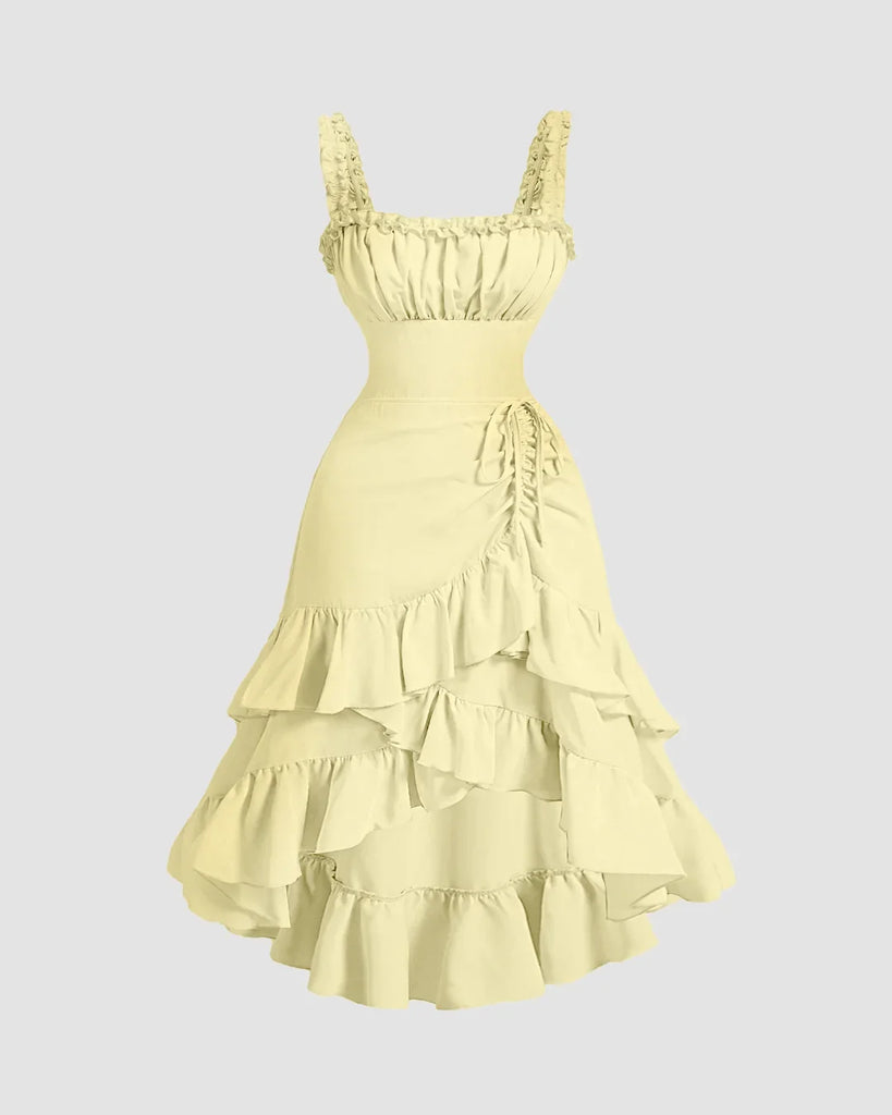 Yellow high-low midi dress with ruffles, featuring a ruched square neck and ruffle hem, styled in French Vanilla.